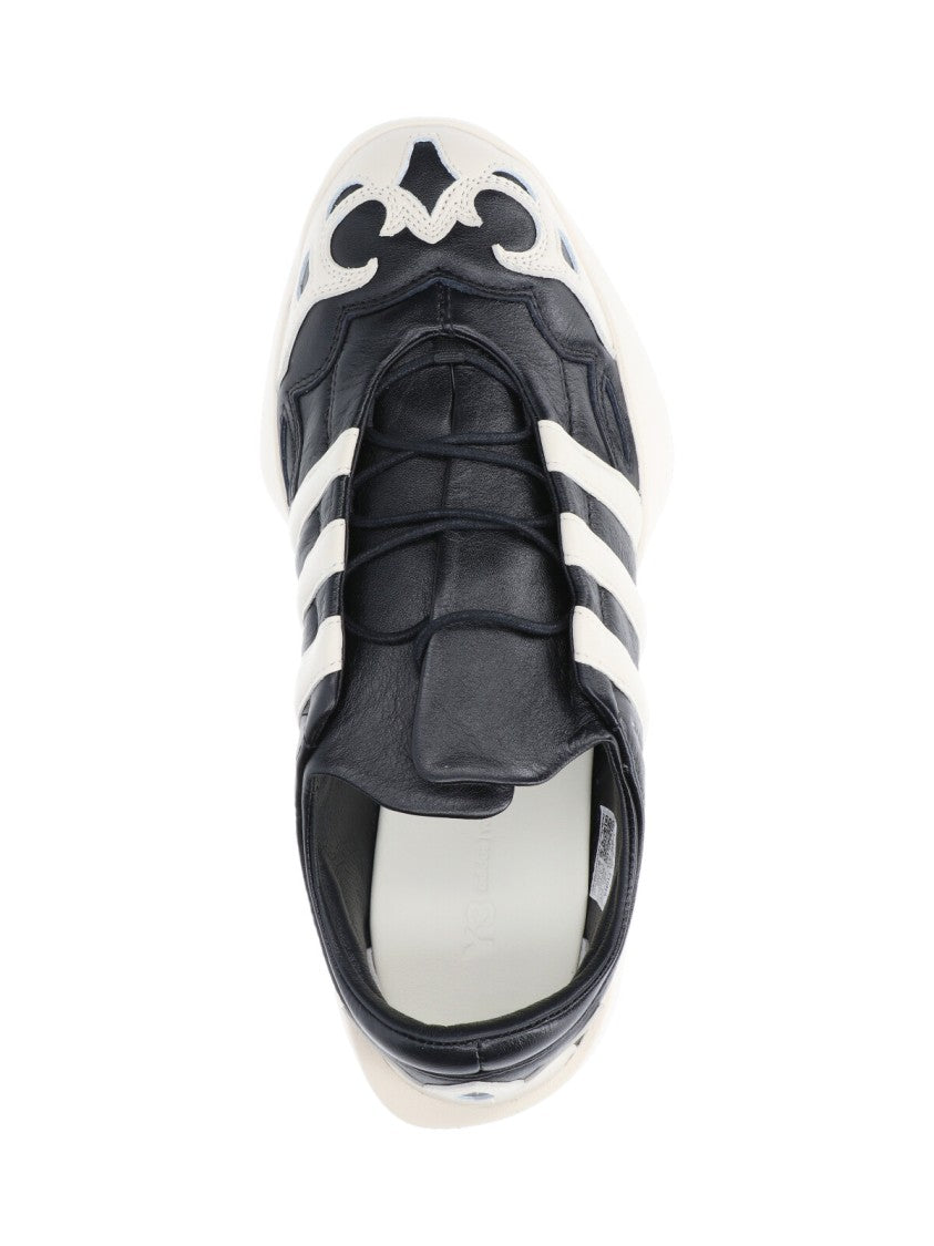 Y-3 Black Leather Sneakers With Cream Accents And Iconic Stripes