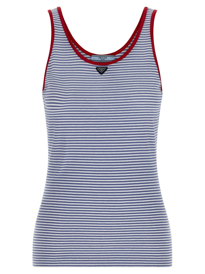 Prada Cotton Jersey Striped Top With Contrast Edging And Triangle Logo