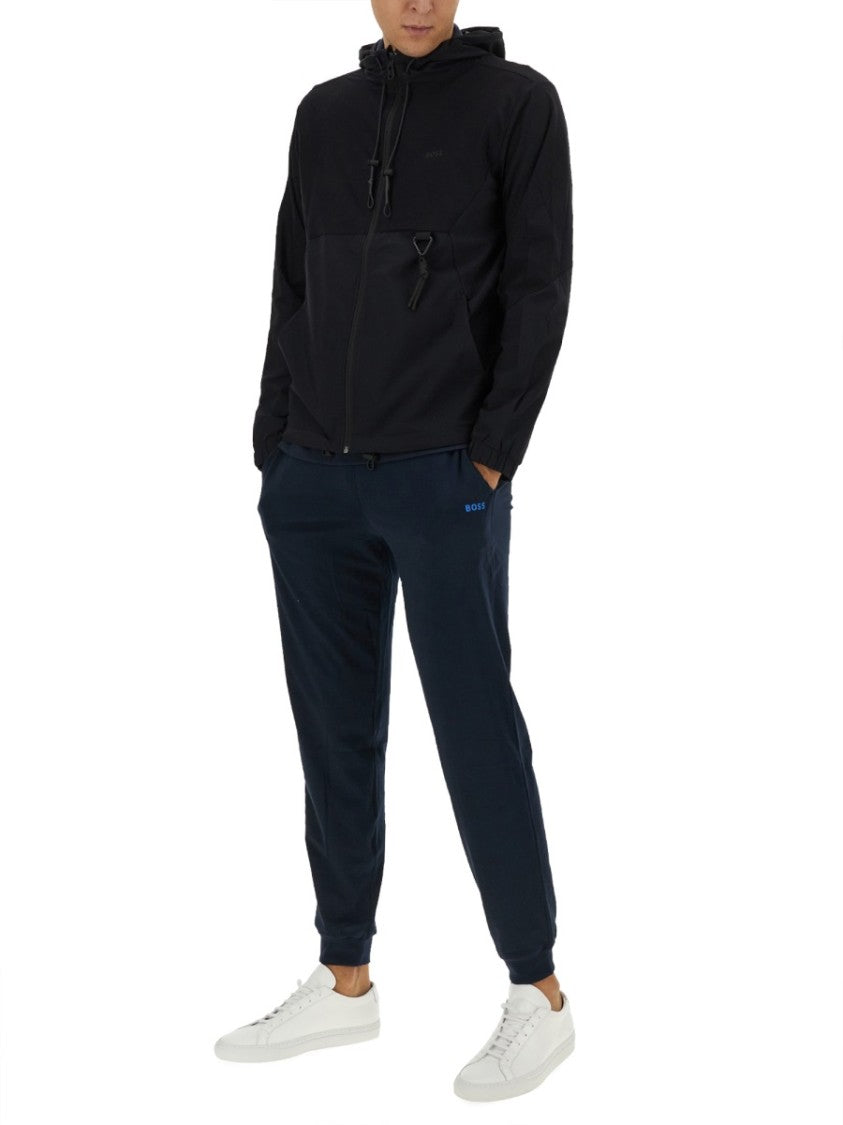 Boss Zip-Up Black Technical Fabric Hooded Sweatshirt