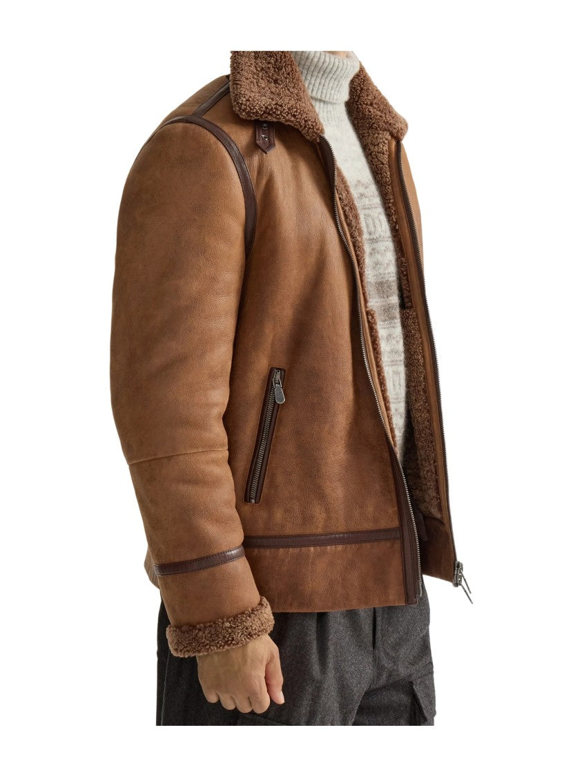 Brunello Cucinelli Brown Shearling Collar Leather Bomber Jacket