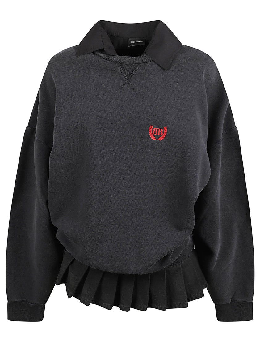 Balenciaga Oversized Black Sweatshirt Dress With Pleated Skirt And Logo Emblem