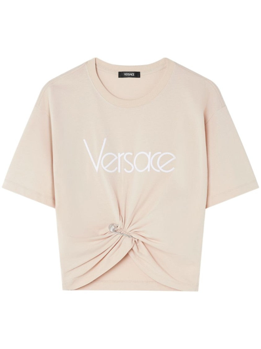 Versace Cropped T-Shirt With Twist Detail And Safety Pin Logo