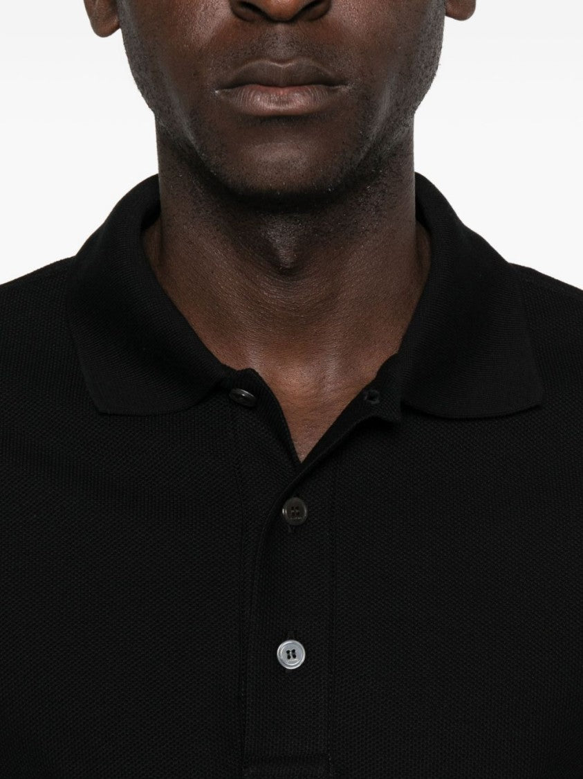 Lanvin Black Three-Button Embroidered Cotton Polo