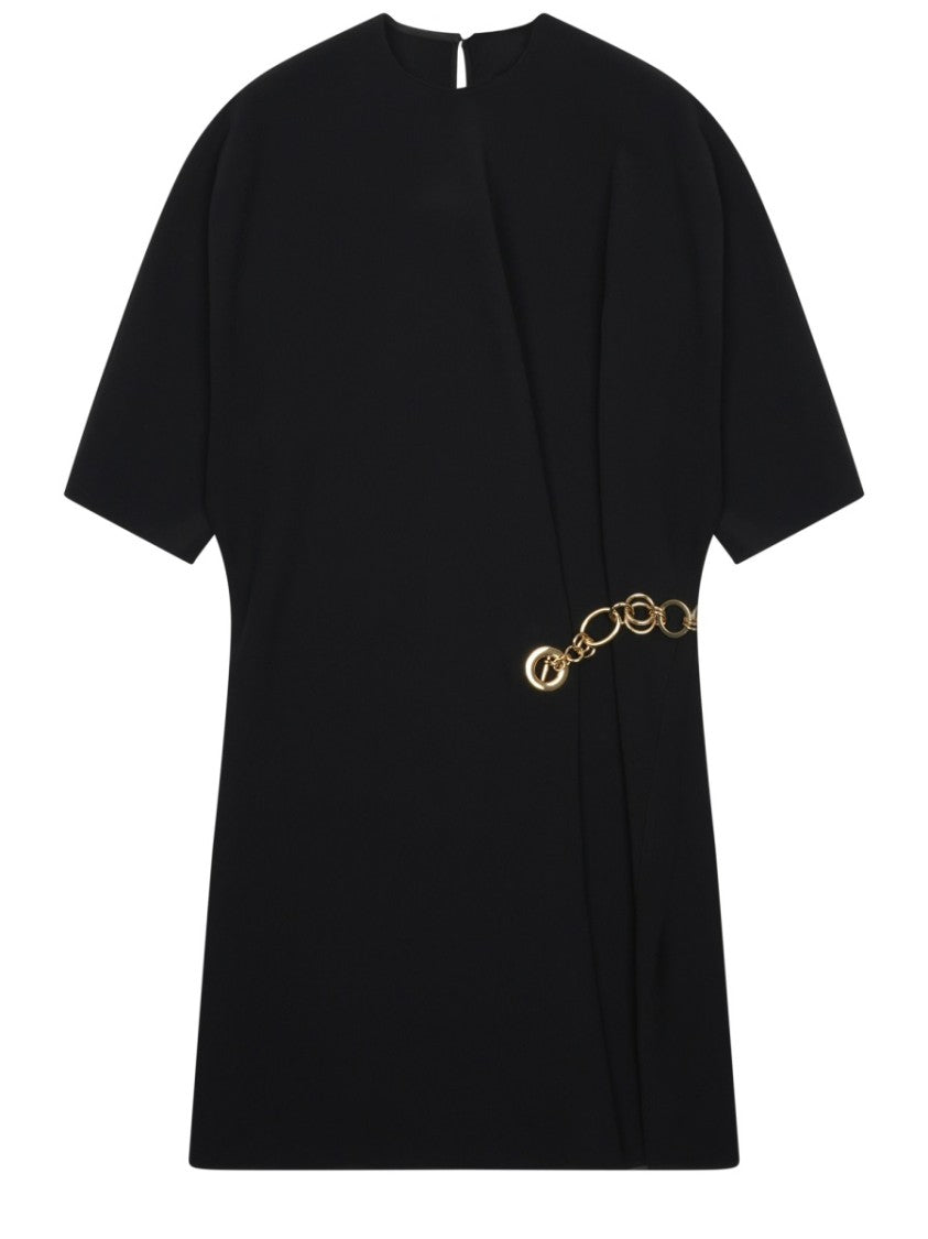 Celine Black Mini Dress With Wrap Detail And Gold Chain Embellishment