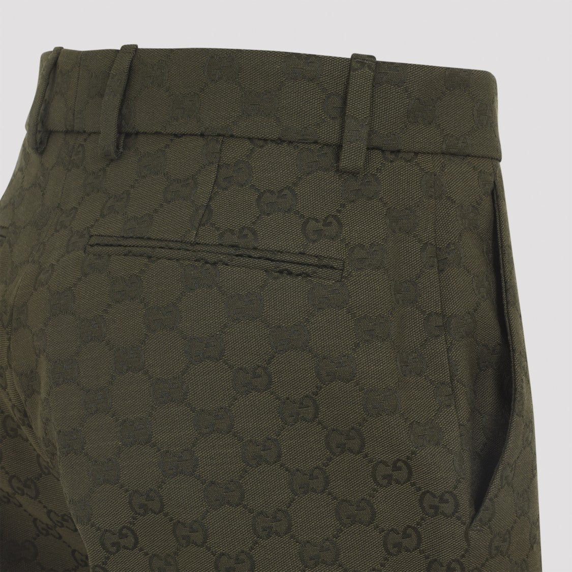 Gucci Mid Waist Green Gg Canvas Pants With Straight Leg Design