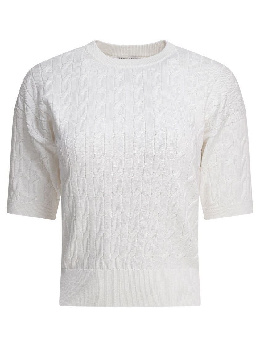 Brunello Cucinelli Textured Cable Knit Cropped T-Shirt