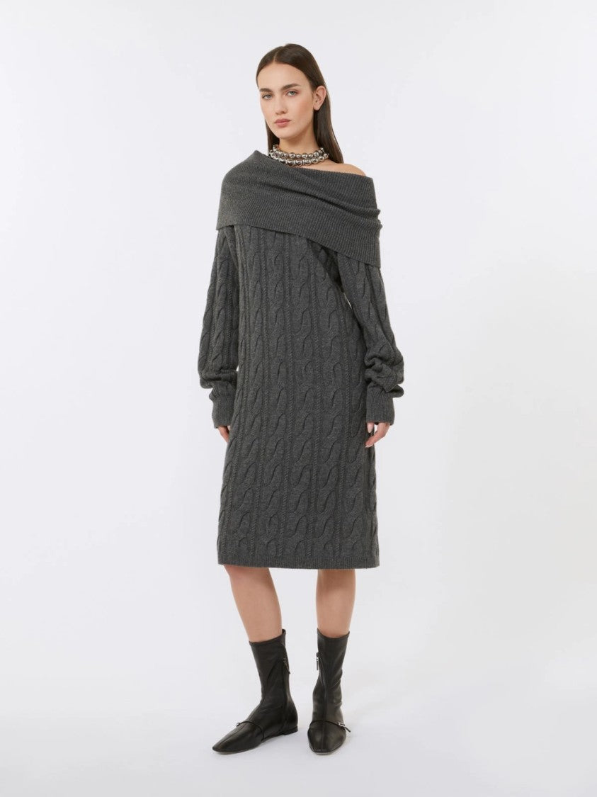 Max Mara Charcoal Grey Midi Dress With Cable-Knit Texture