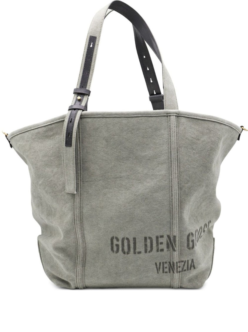 Golden Goose Sage Green Printed Logo Tote Bag With Structured Silhouette