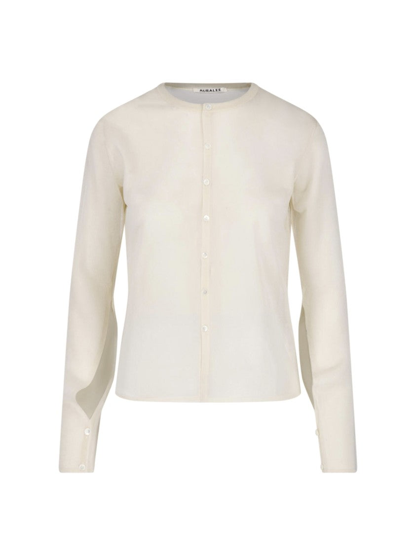 Auralee Silk Cardigan With Semi-Transparent Design And Button Closure