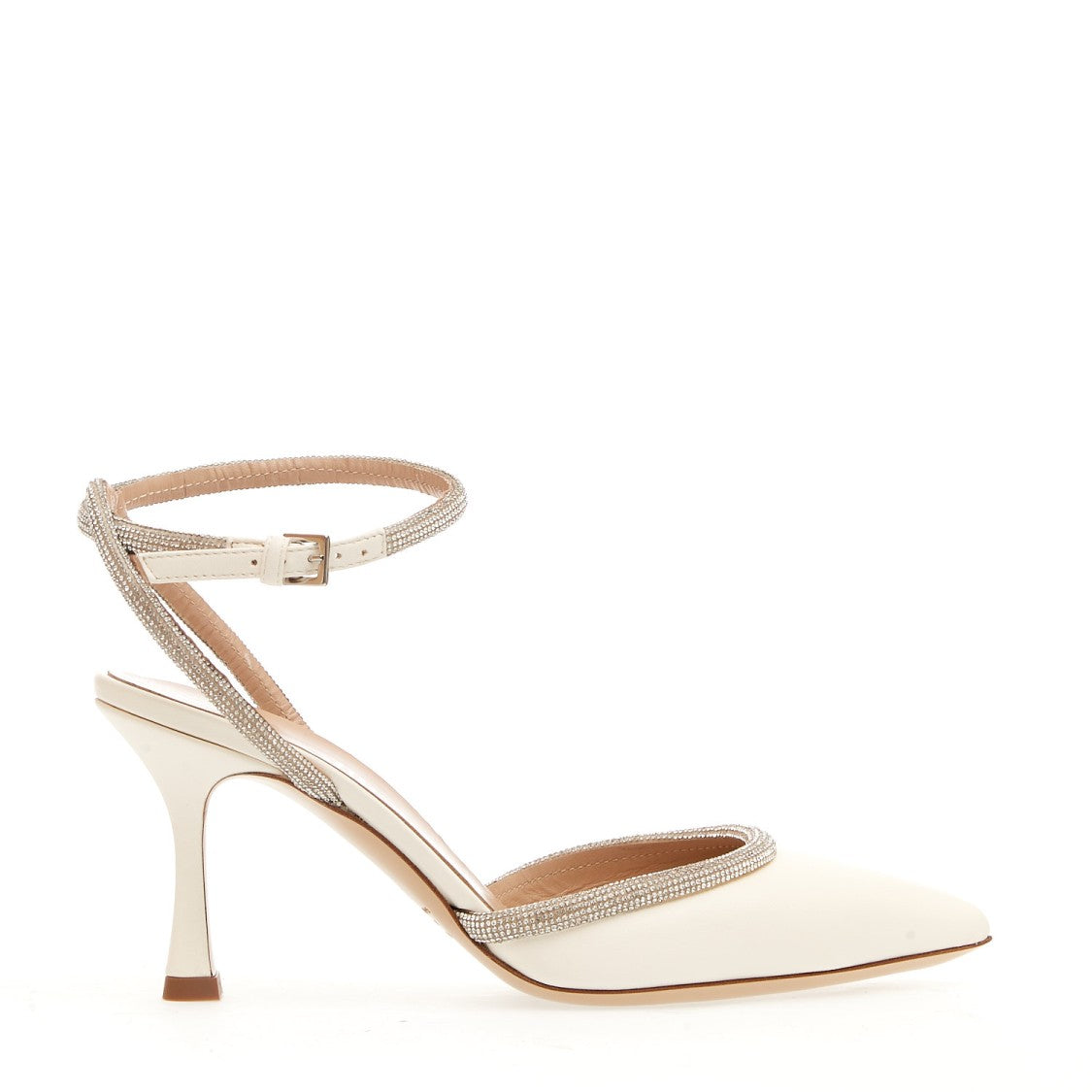 Ninalilou 75Mm Slingback Ivory Leather Rhinestones