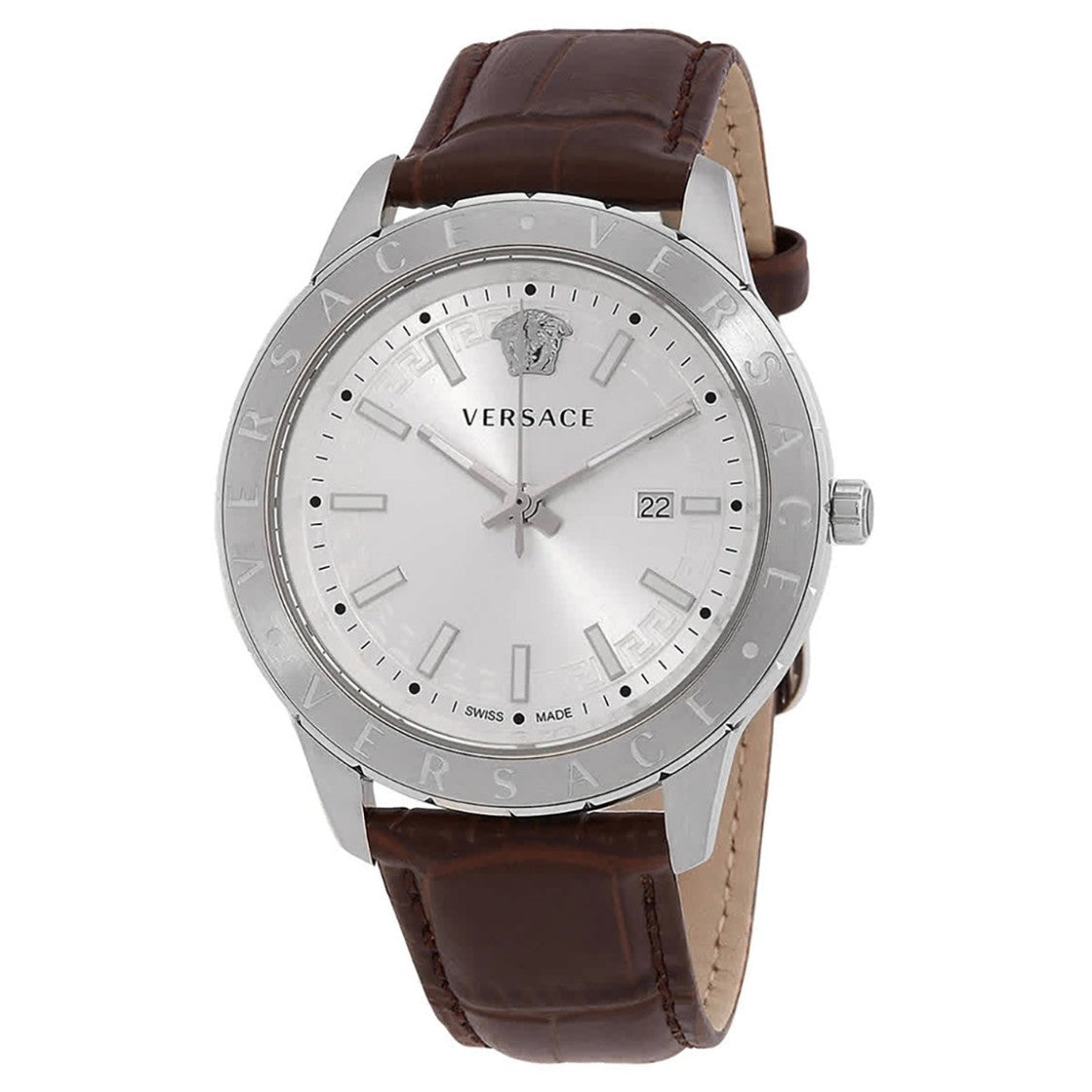 Versace Automatic Stainless Steel Watch With Silver-Tone Dial And Brown Calf Leather Strap