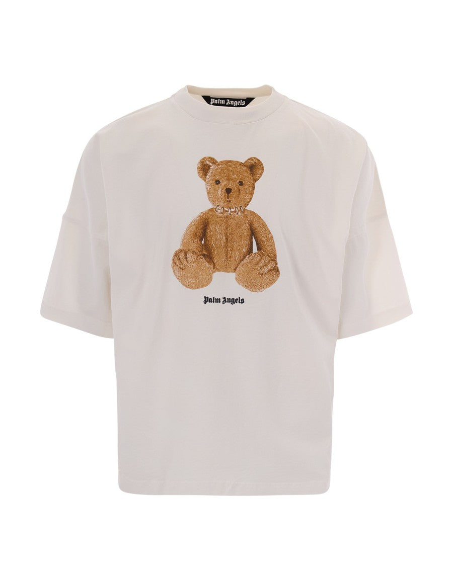 Palm Angels Oversized T-Shirt With Brown Bear Graphic And Ribbed Neckline