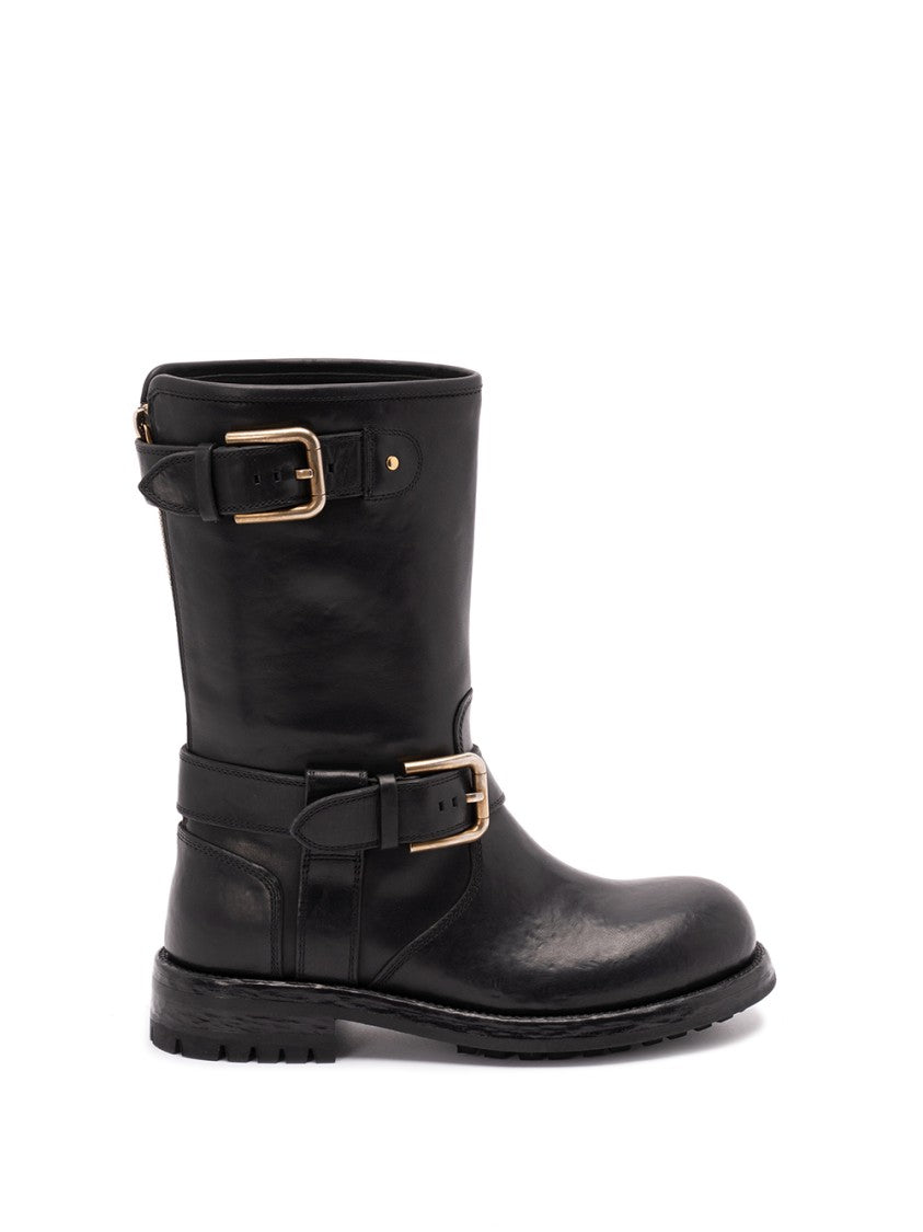 Dolce & Gabbana Black Calf Leather Biker Boots