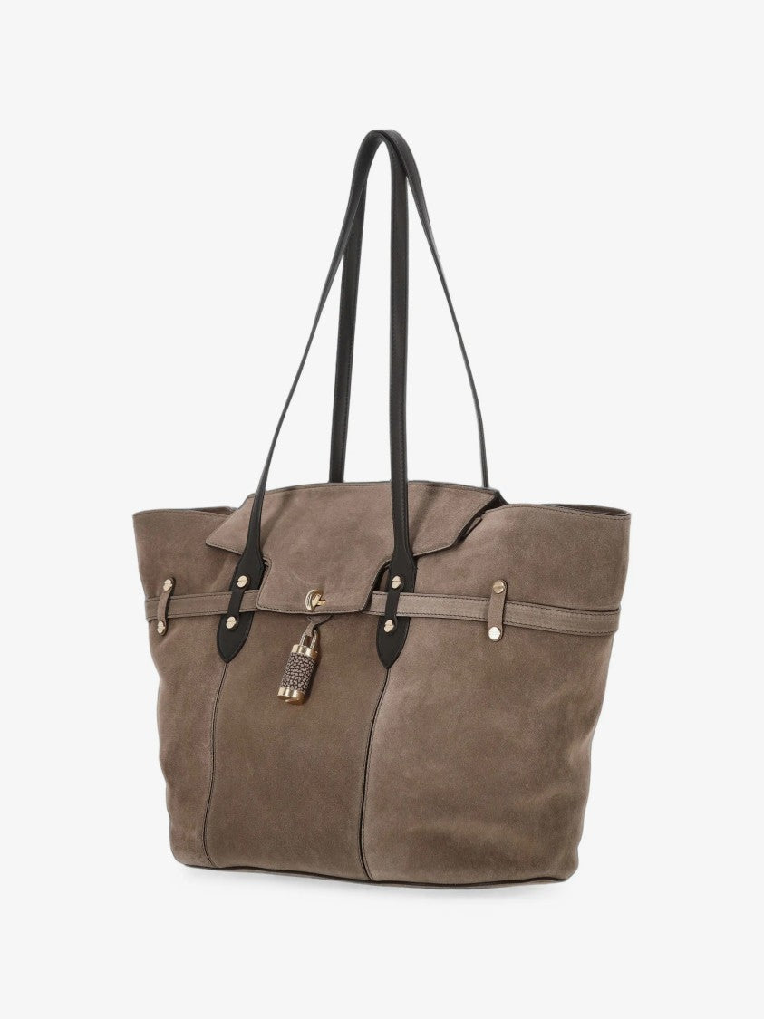 Borbonese Large Taupe Suede Padlock Tote Bag