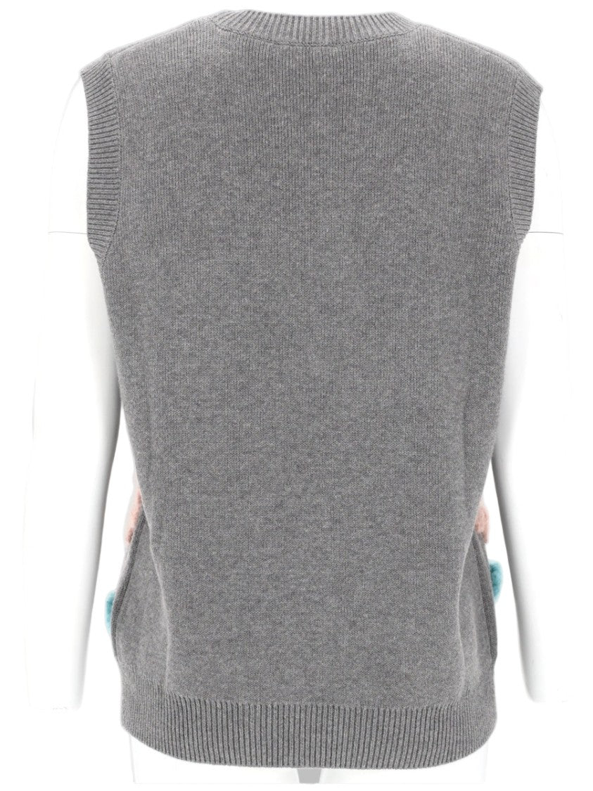 Ganni Grey Textured Floral Appliqués Knit Vest