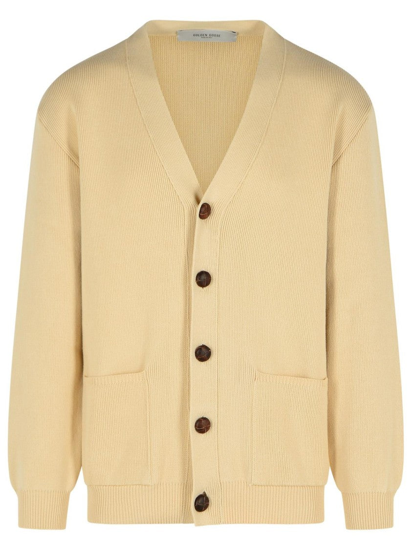 Golden Goose Beige Cotton Blend Cardigan With Textured Knit And Relaxed Fit