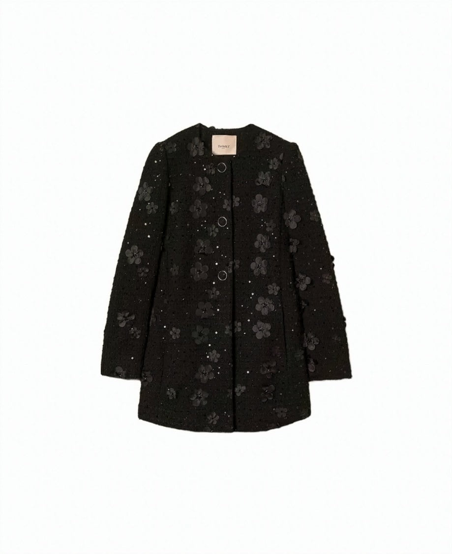 Twin-Set Bouclé Floral Appliqué Sequined Single-Breasted Coat