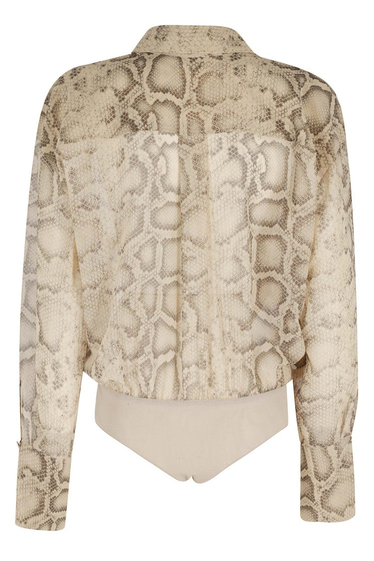 The Andamane Beige Python Paloma Shirt-Collar Deep V-Neck Bodysuit