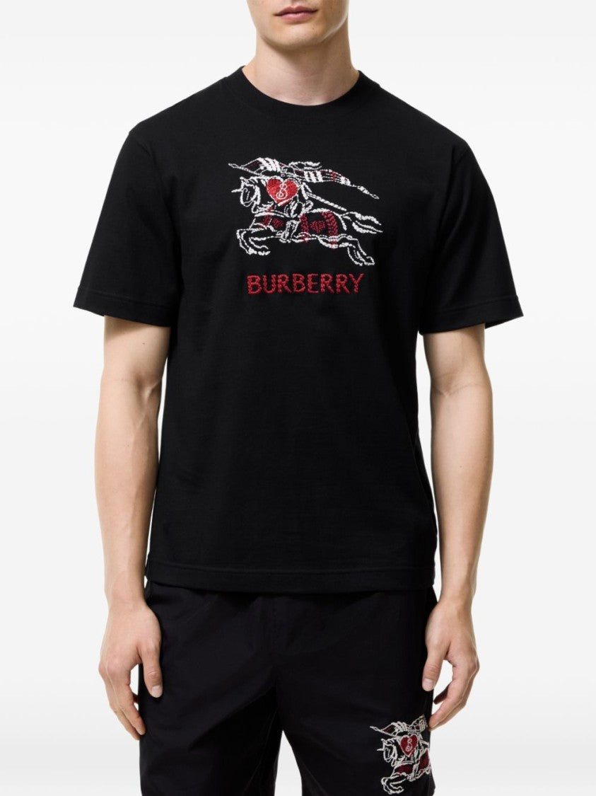 Burberry Black Cotton T-Shirt With Rib-Knit Neckline And Heart Knight Design