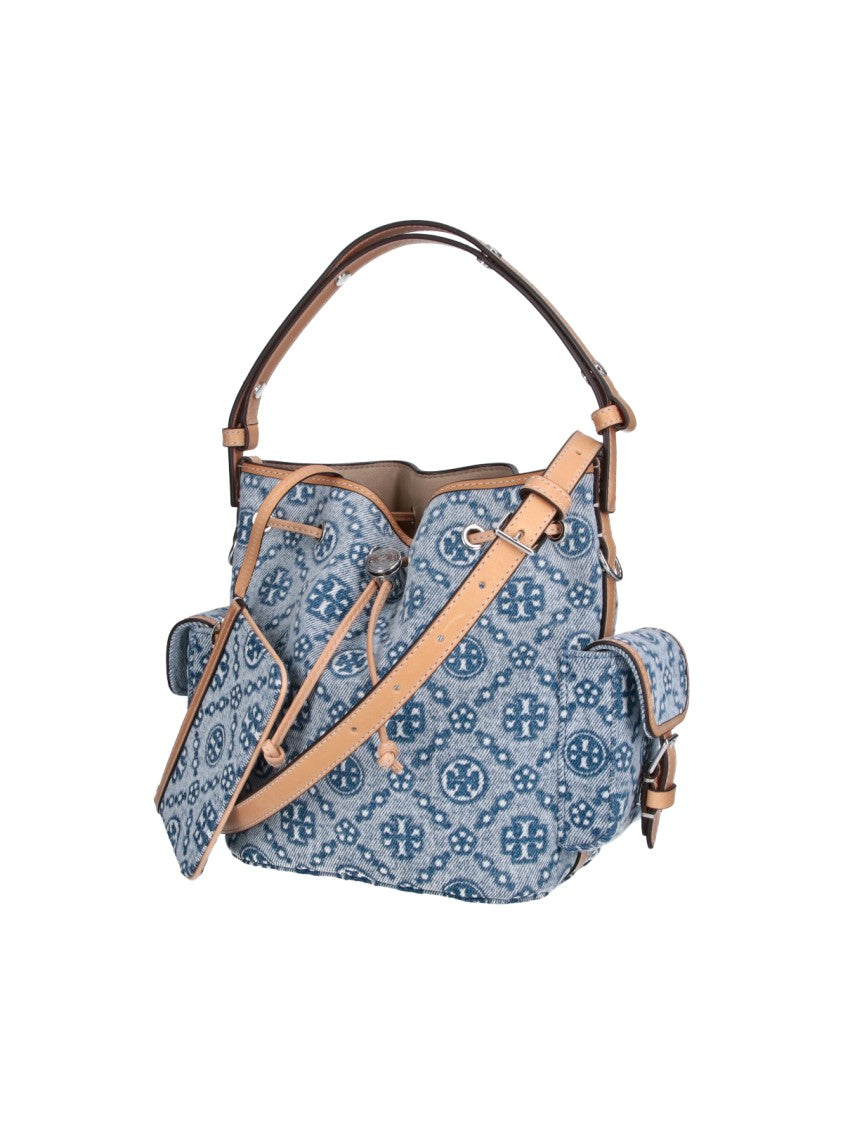 Tory Burch Blue T Monogram Cotton Bucket Bag