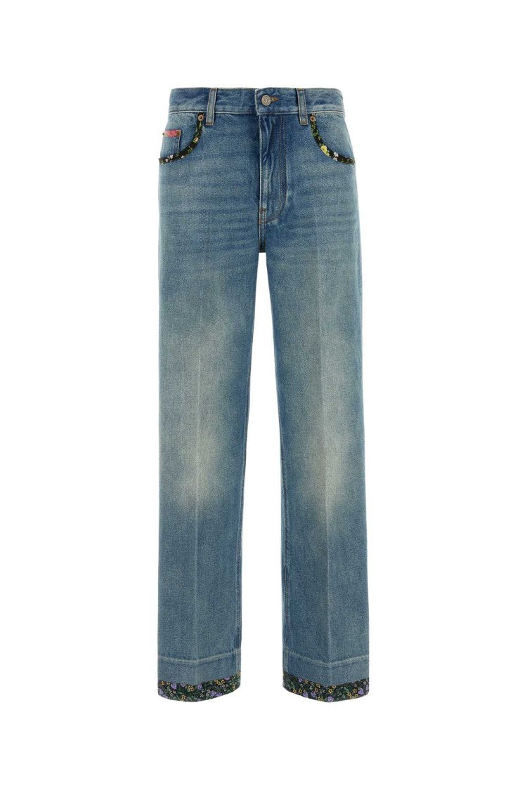 Valentino Garavani Straight-Leg Denim Jeans With Colorful Floral Trim