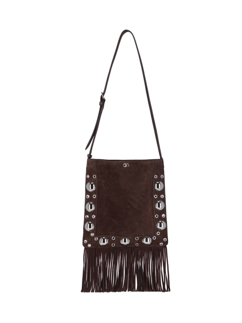 Valentino Garavani Fringe Detail Brown Suede Shoulder Bag