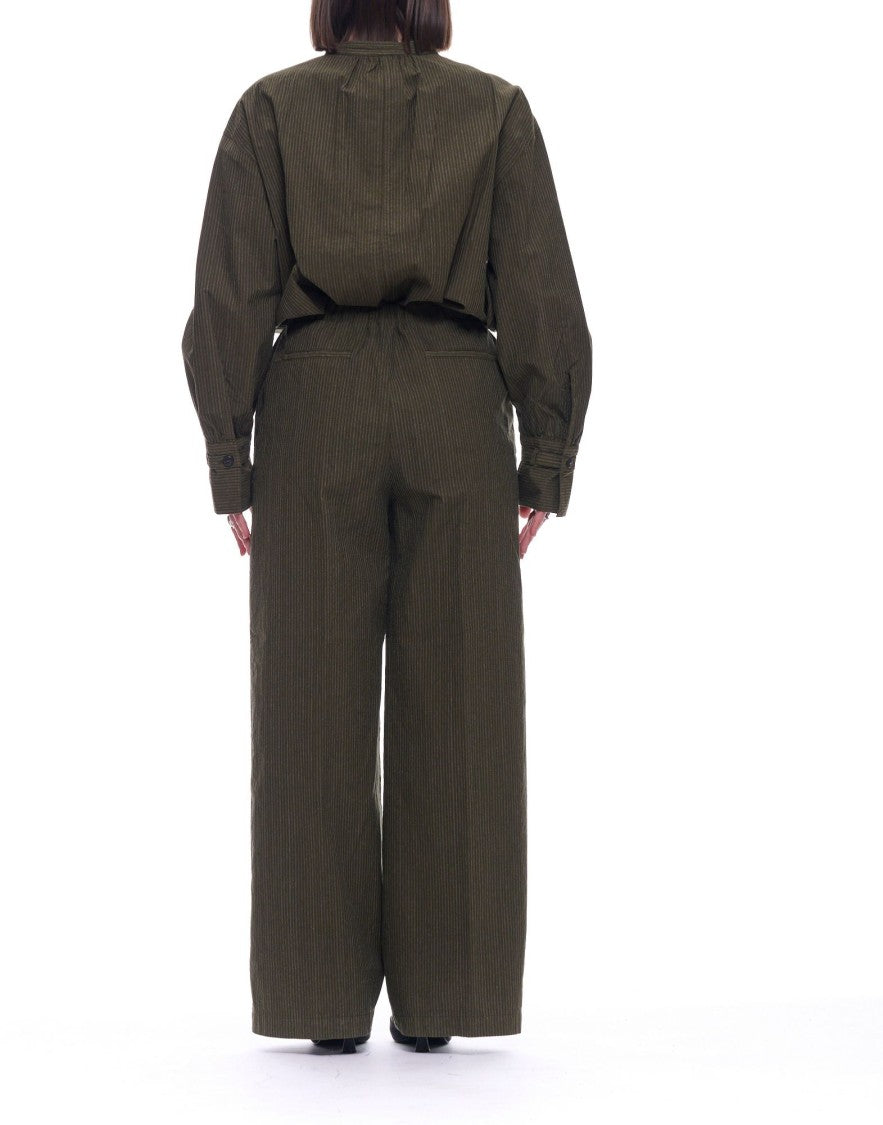 Pomandère Military Green Striped Cotton Loose-Fit Straight-Leg Pants