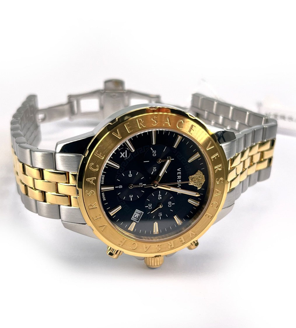 Versace Signature Chronograph Watch With Luminous Black Dial And Bi-Color Bracelet