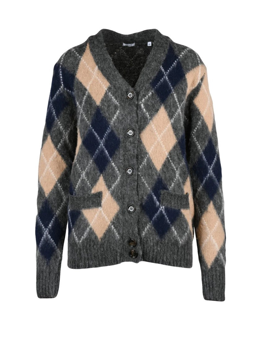 Aspesi Grey/Beige Argyle Pattern V-Neck Wool Cardigan