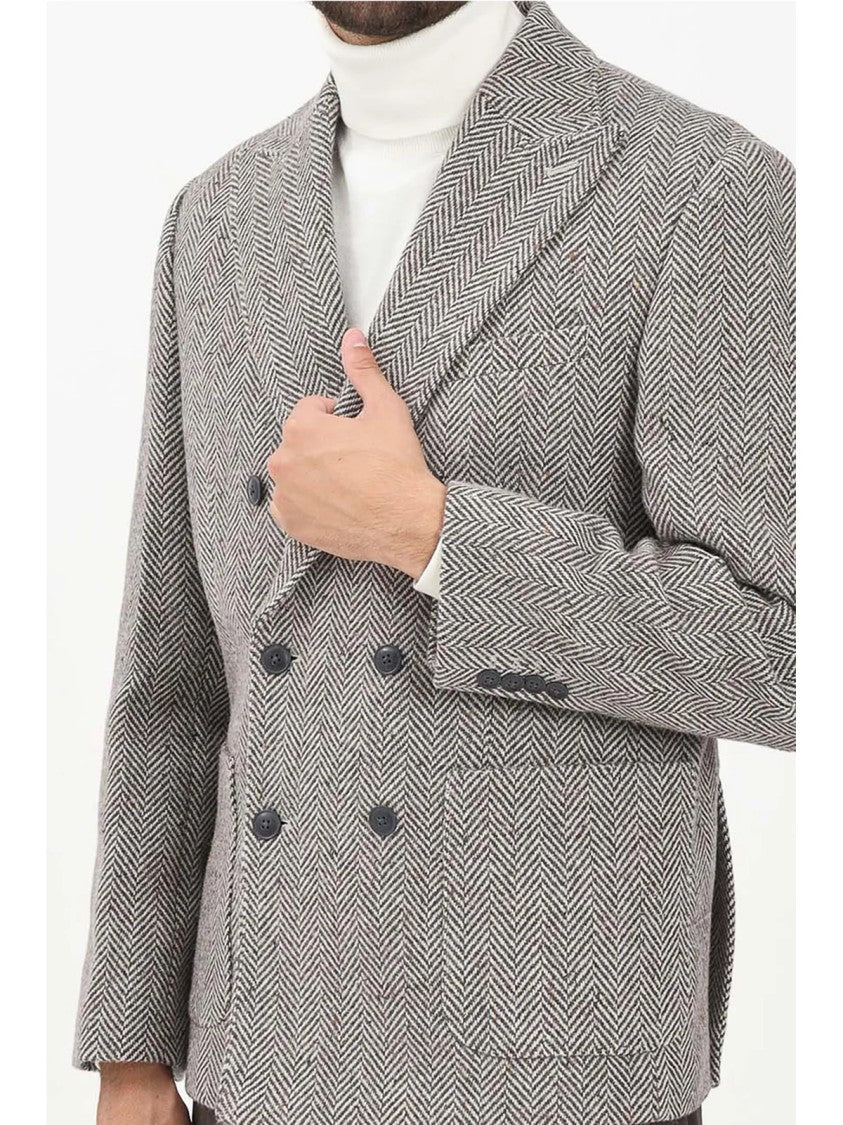 Selected Brown Double-Breasted Herringbone Wool-Blend Blazer