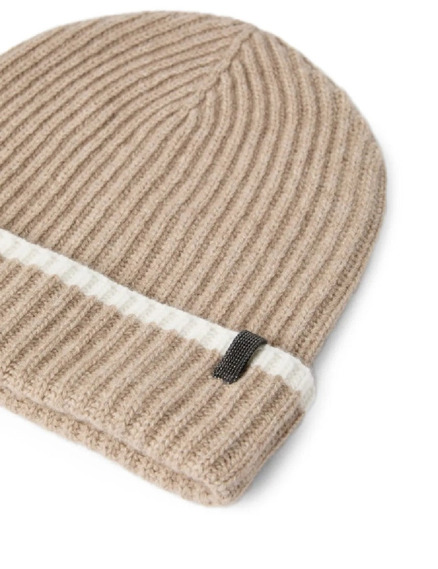 Brunello Cucinelli Ribbed Beanie With Contrasting Stripe And Folded Cuff
