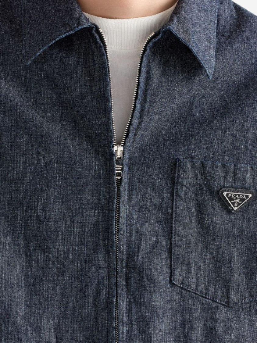 Prada Casual Classic Collar Zip-Up Logo Patch Shirt