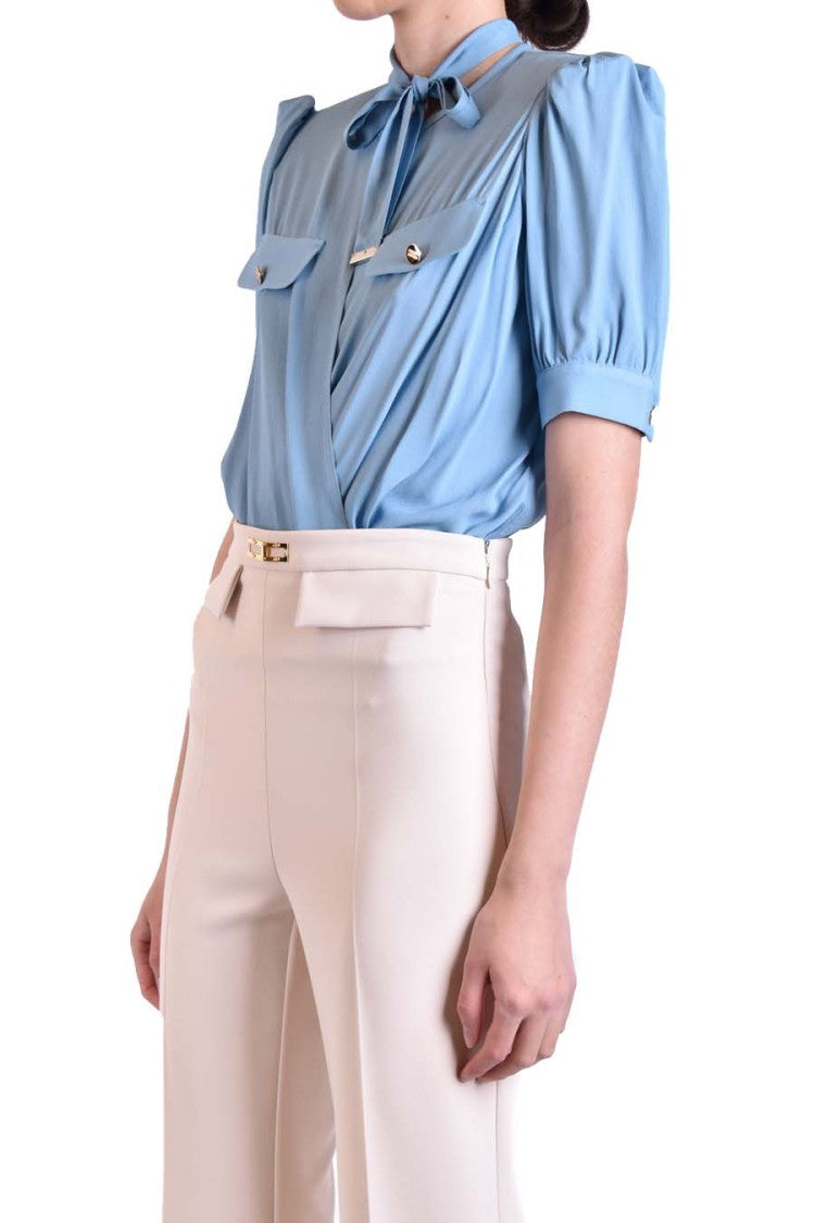 Elisabetta Franchi Draped Blue Bodysuit Tie-Neck Detail Pockets