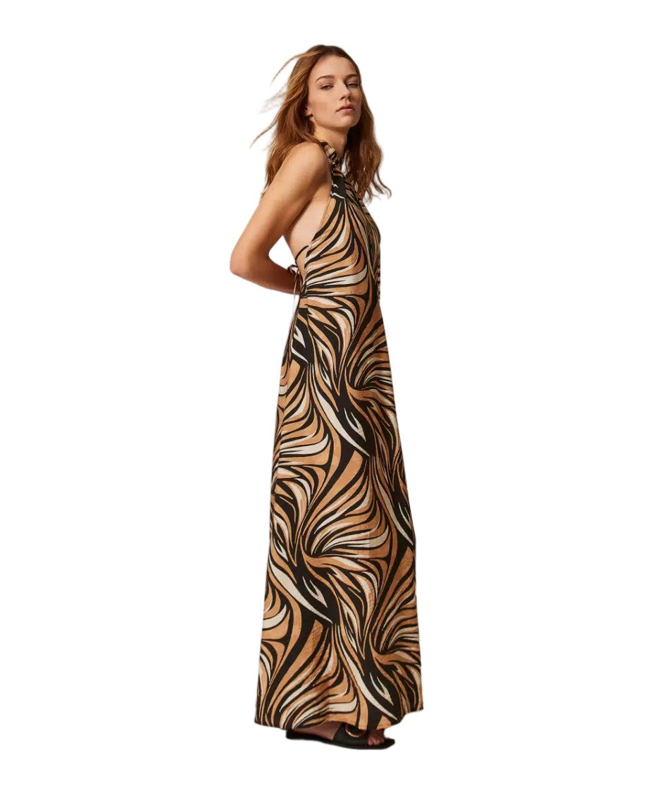 Twinset U&B Zebra Print Viscose Craquelé Halter Neck Maxi Dress