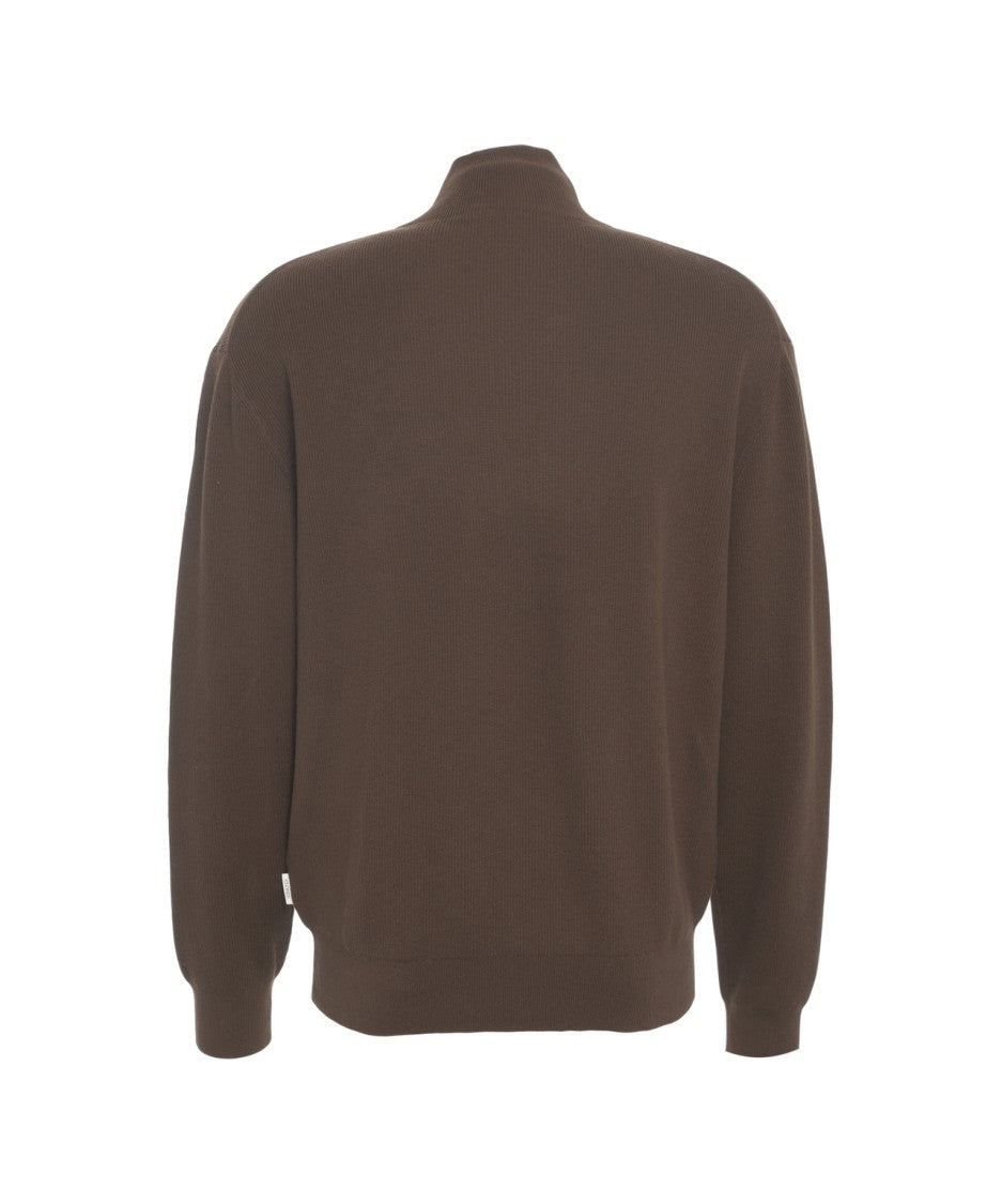 Closed High Collar Zip-Front Cardigan With Ribbed Details