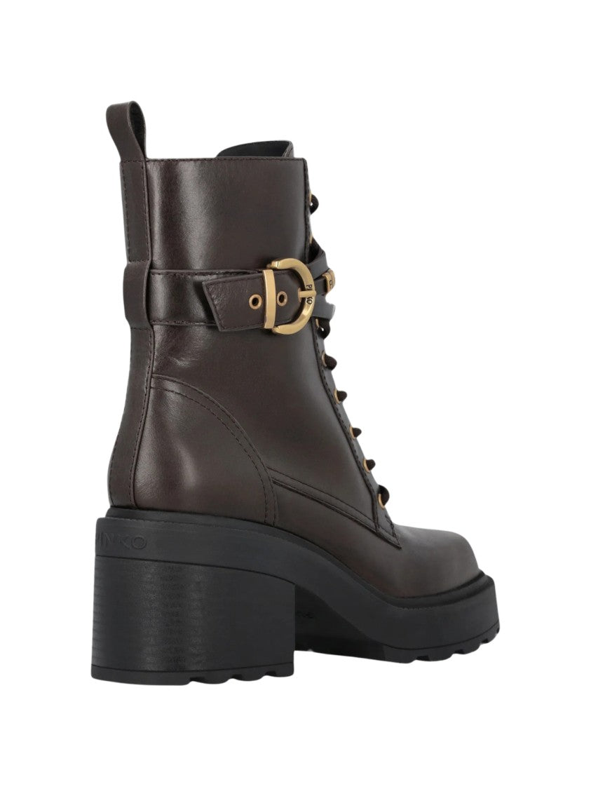 Pinko Deep Brown Leather Ankle Boots With Gold-Tone Accents