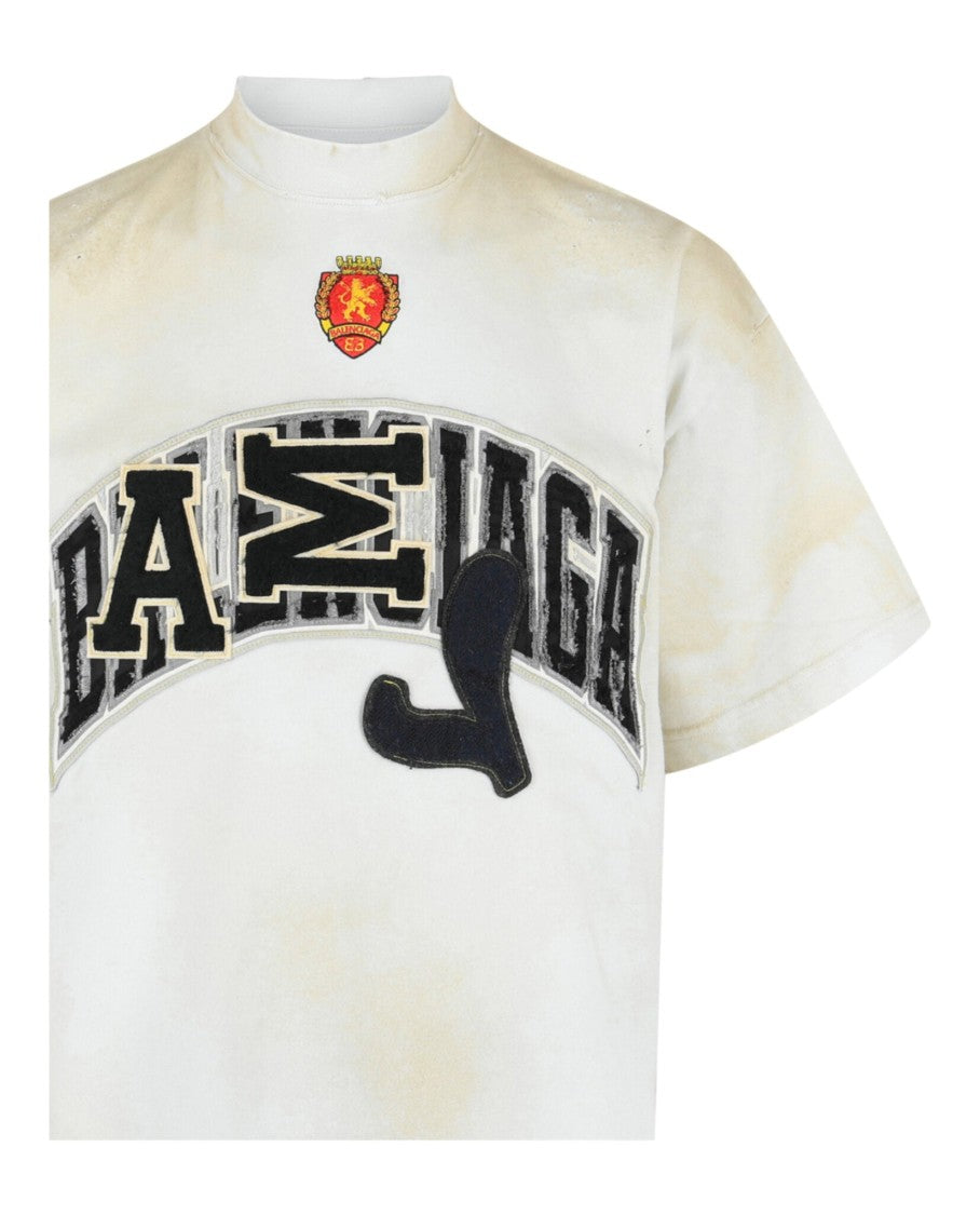 Balenciaga Embroidered White Oversized Mock-Neck T-Shirt With Distressed Details
