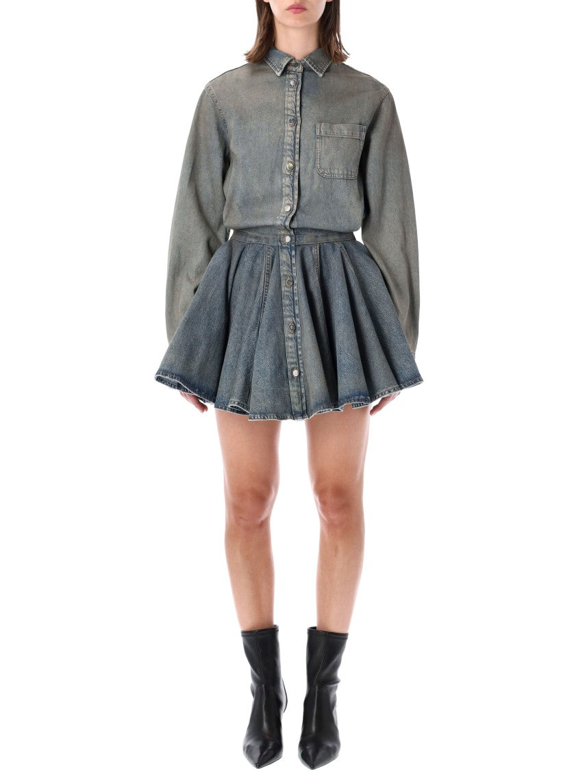 Haikure Button-Down Denim Mini Dress With Pleated Skirt And Classic Collar