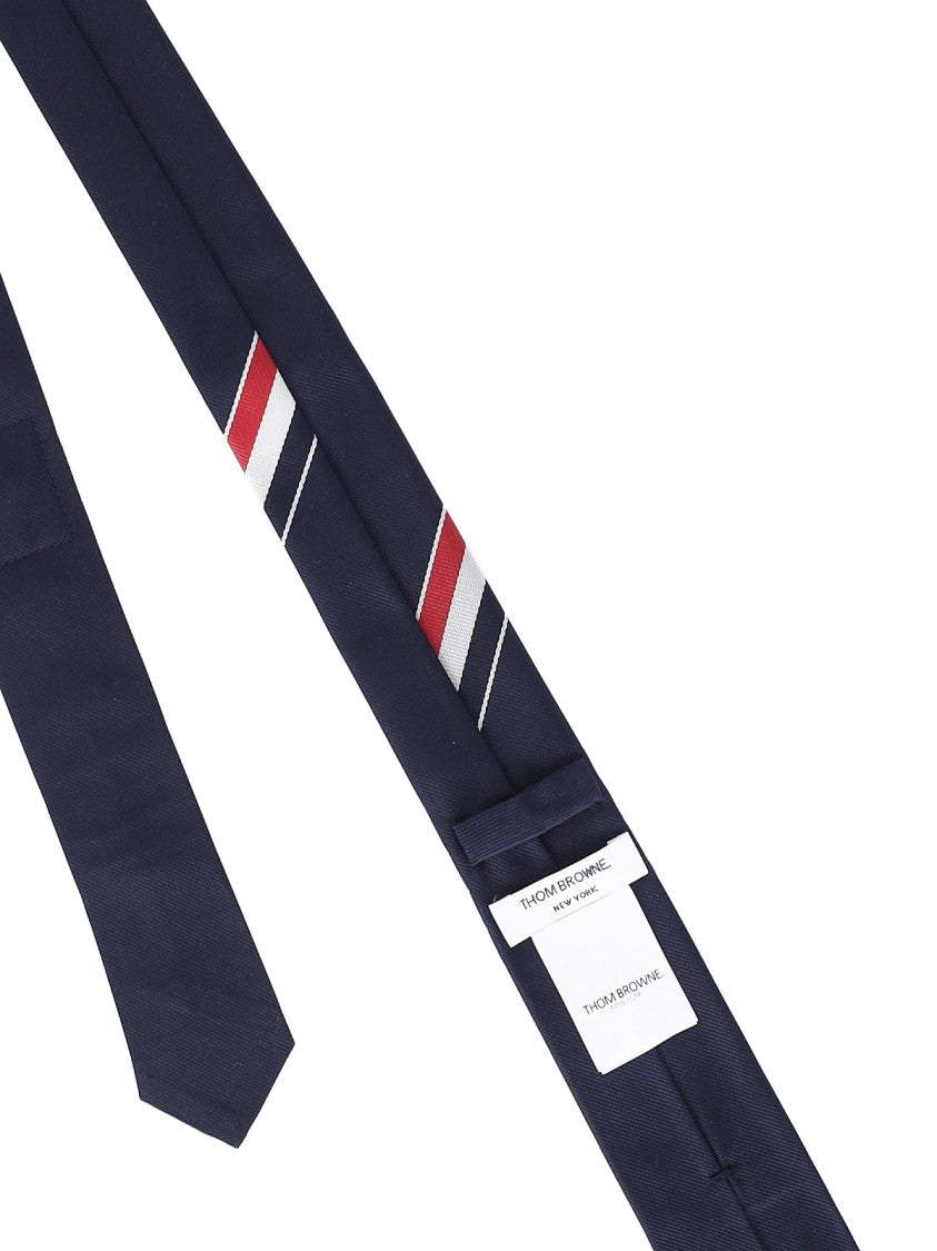 Thom Browne Navy Silk Tie With Tricolor Stripe Detail