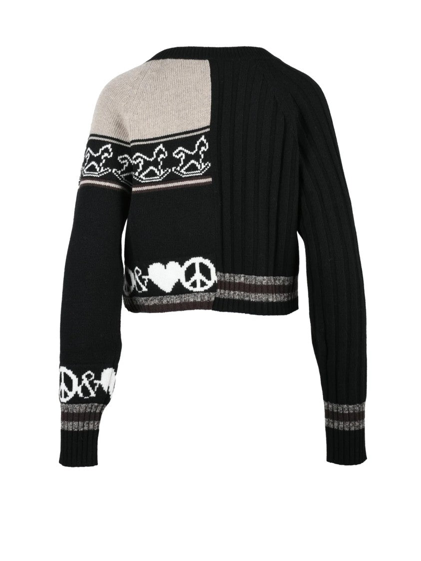 Mo5ch1no Jeans Black-Beige Wool-Blend Short Cardigan