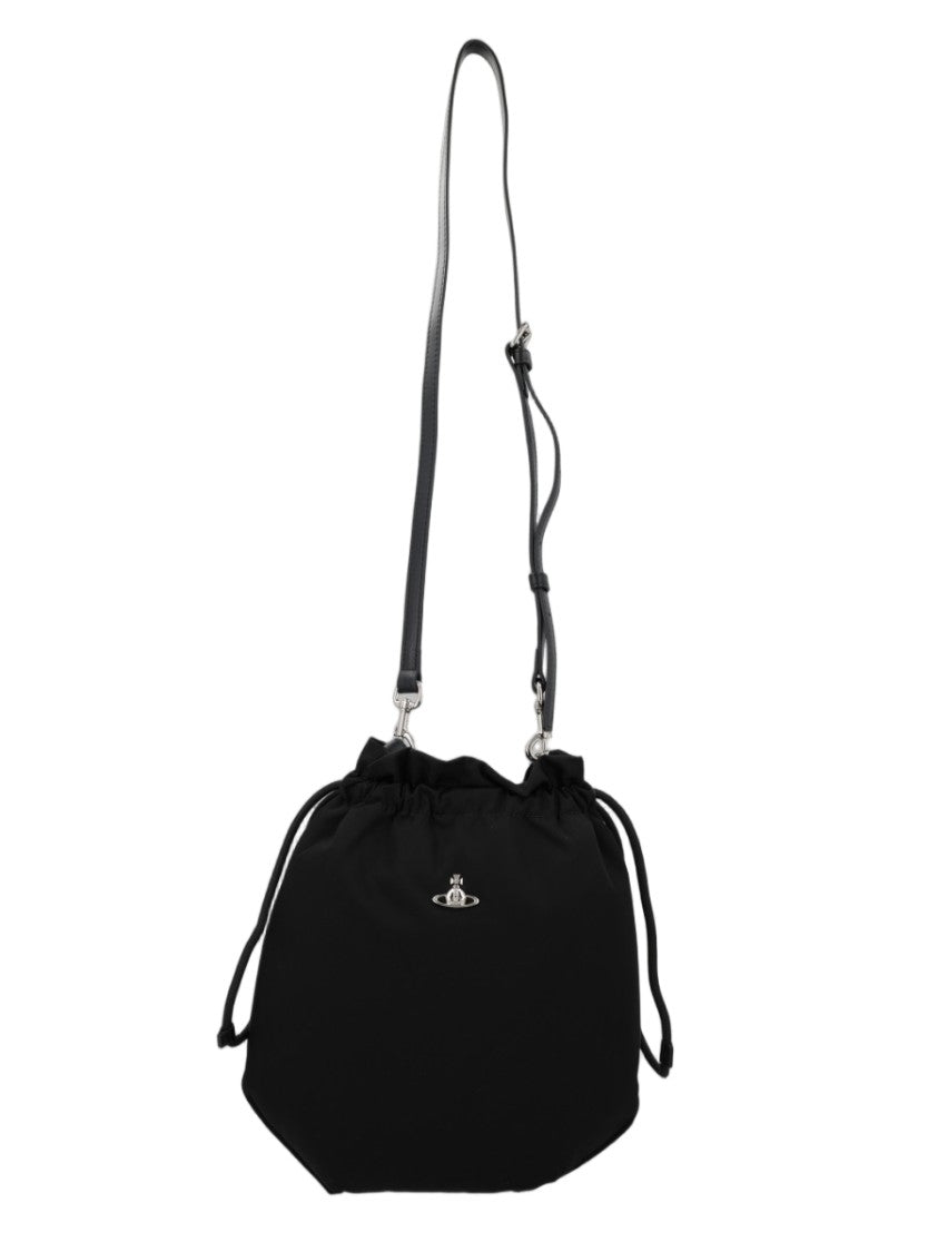 Vivienne Westwood Black Metallic Emblem Drawstring Polyester Shoulder Bag
