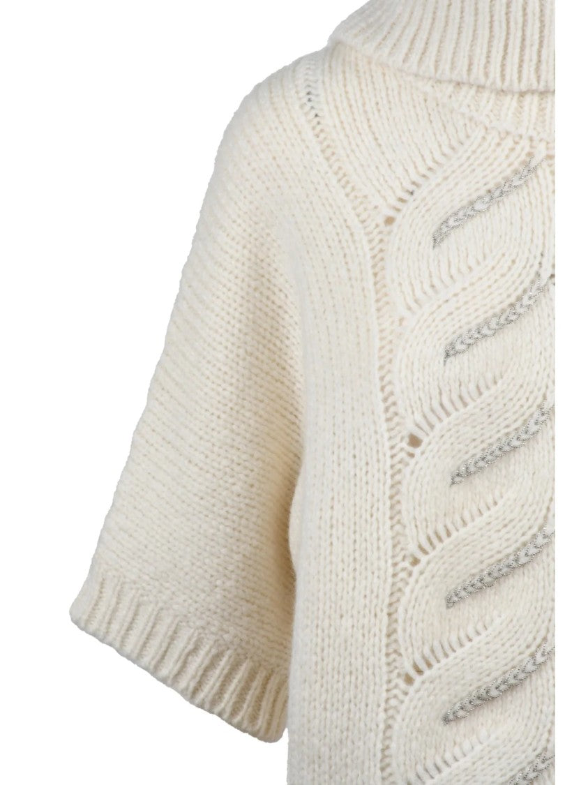 Peserico White Cable Knit Alpaca-Blend High Neck Sweater