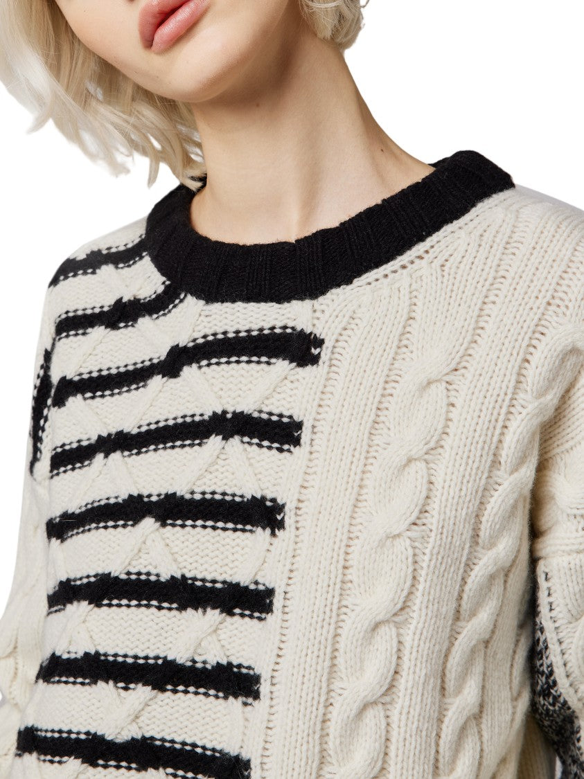 Alpha Studio Cable Knit Patchwork Long-Sleeve Crewneck Sweater