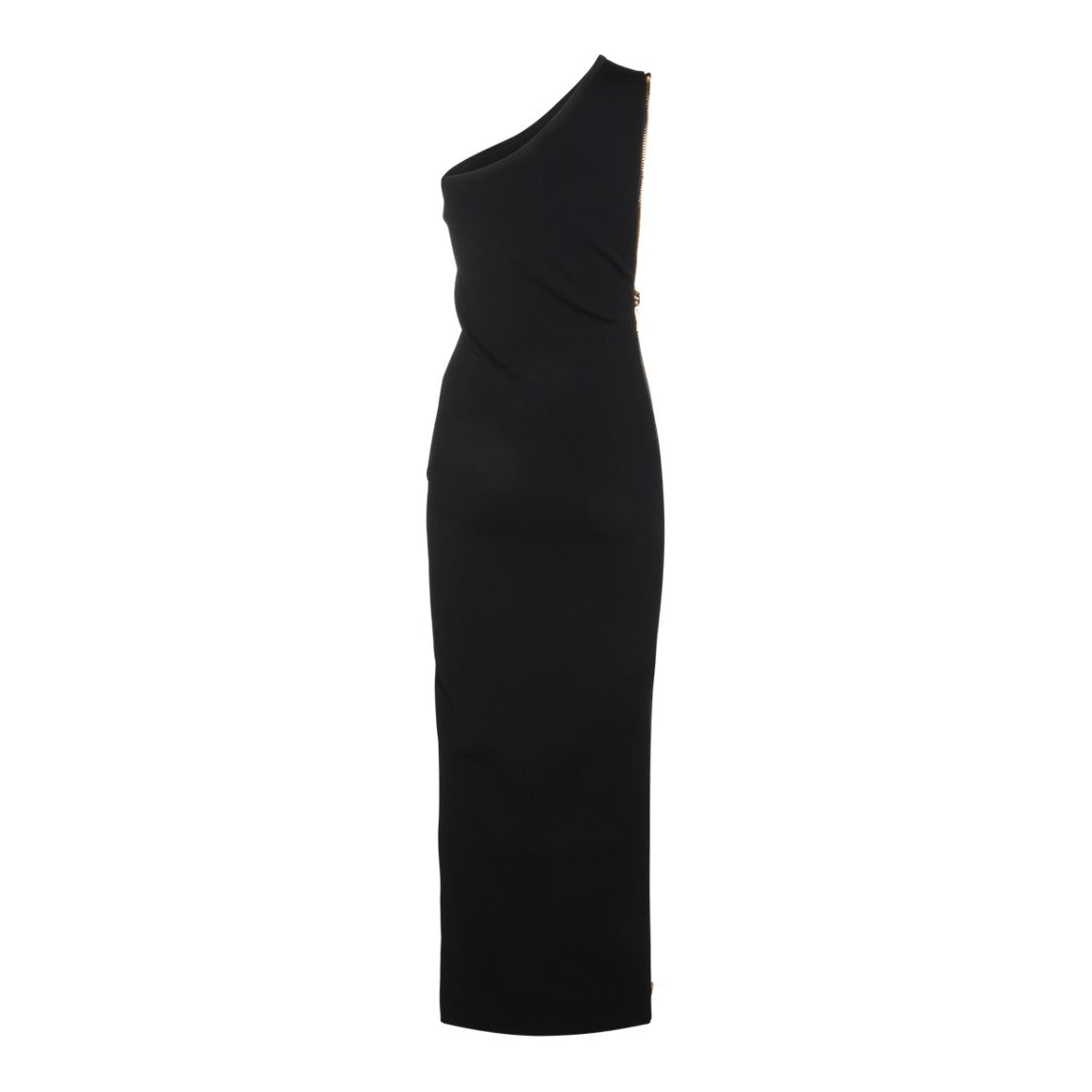 Elisabetta Franchi Black One-Shoulder Gold Zipper Maxi Dress