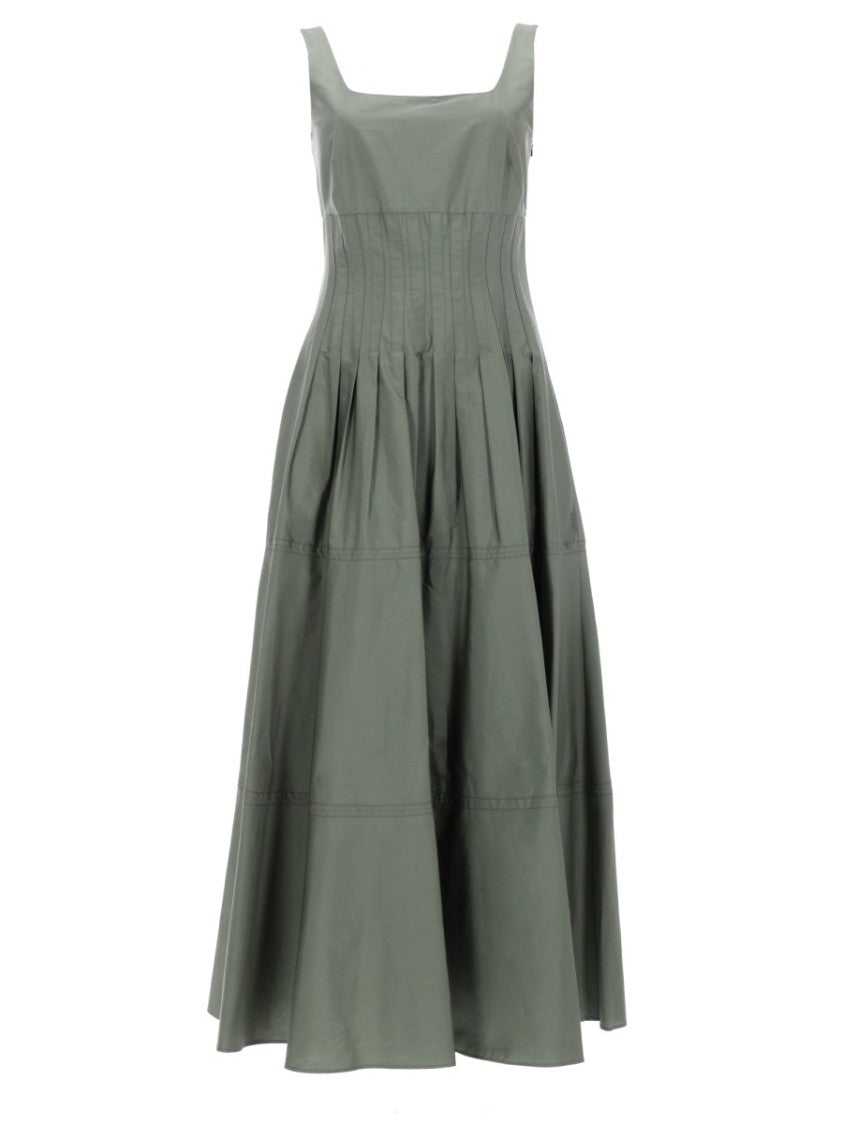 Max Mara Pleated Midi Dress With Fitted Bodice And Square Neckline