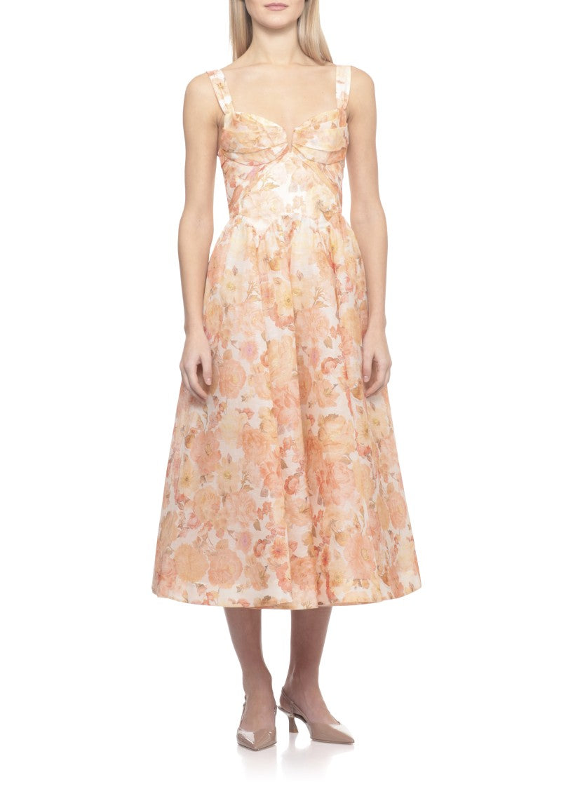 Zimmermann Rebllion Drape Midi Dress With Flared Skirt And Floral Design