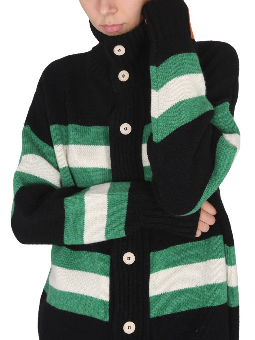 Right For High Neck Button Closure Striped Cardigan