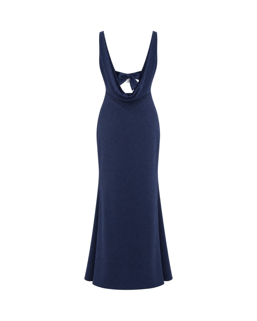 Elisabetta Franchi Navy Blue Open Back Tied Bow Maxi Dress