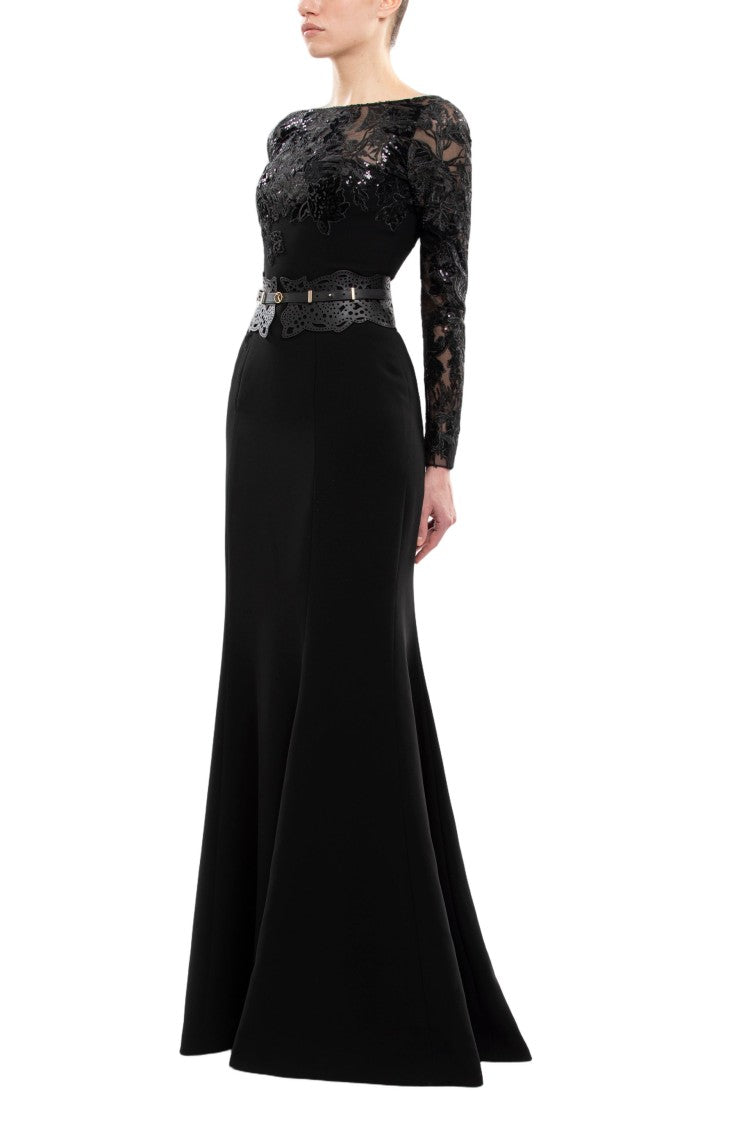 Saiid Kobeisy Embroidered Crepe Dress With Leather Belt