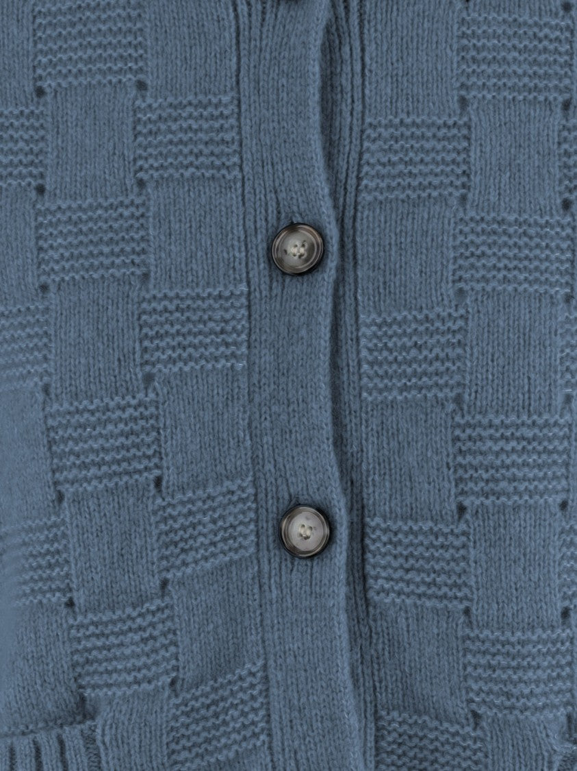Allude Light Blue Checkered Knit Button-Down Sweater